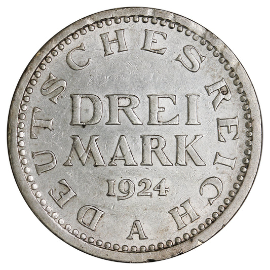 German Weimar Republic 1924A 3 Marks EF-AU (EF45) $