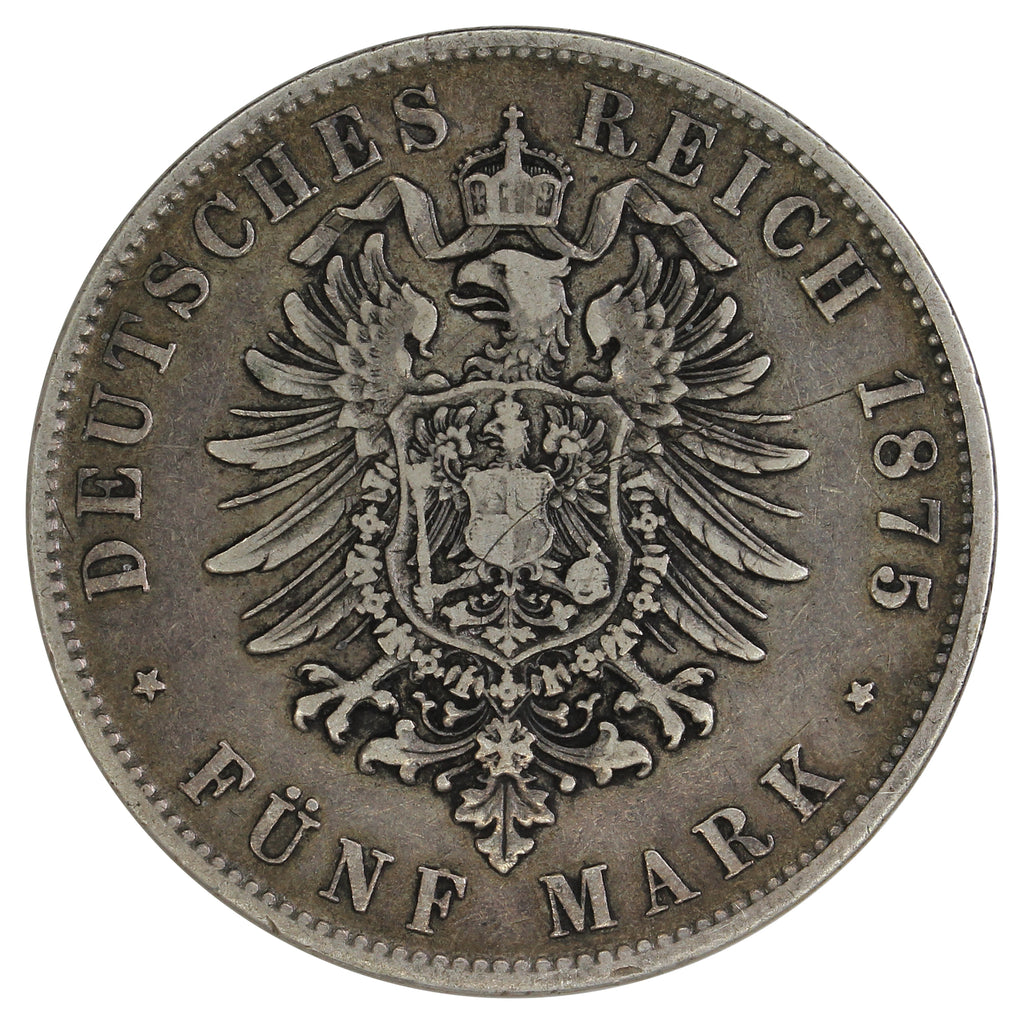German States 1875D Bavaria 5 Marks Very Fine (VF20) $
