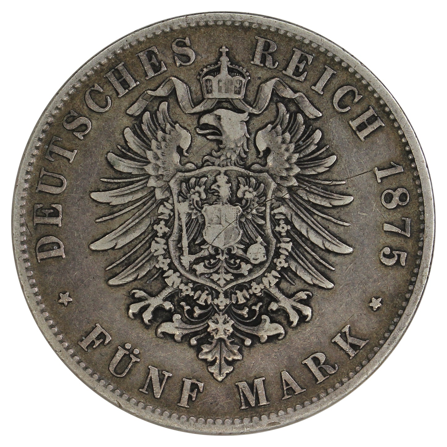 German States 1875D Bavaria 5 Marks Very Fine (VF20) $