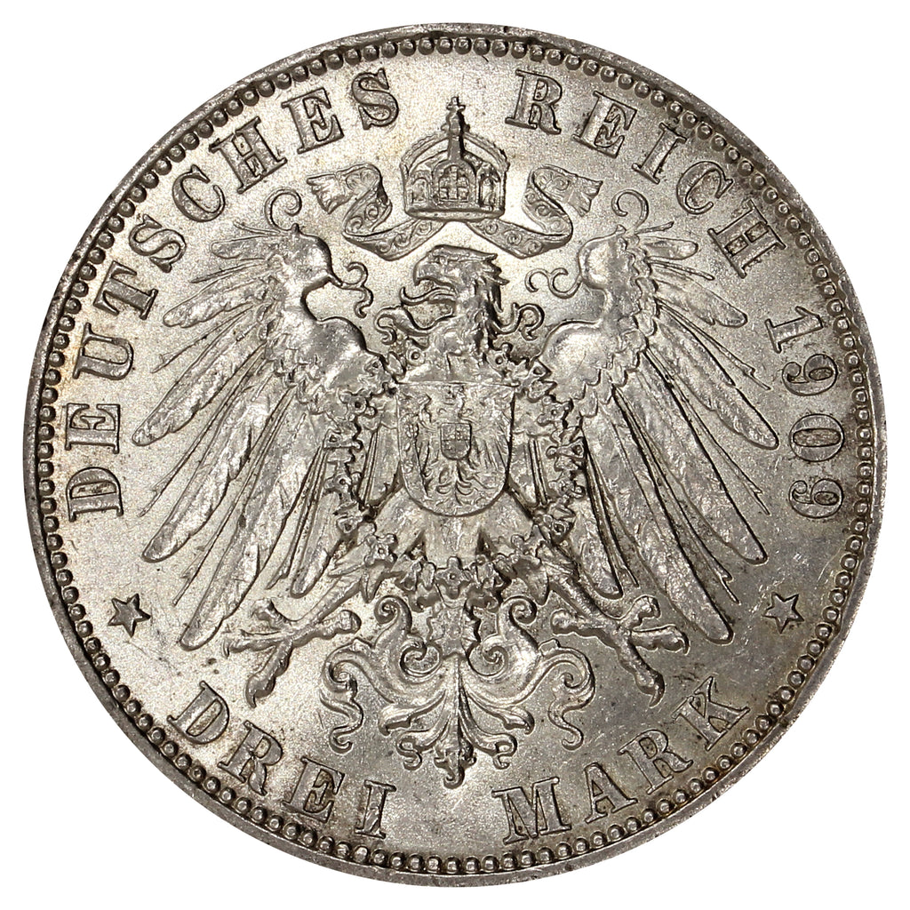 German States 1909E Saxony 3 Marks Uncirculated (MS60) $