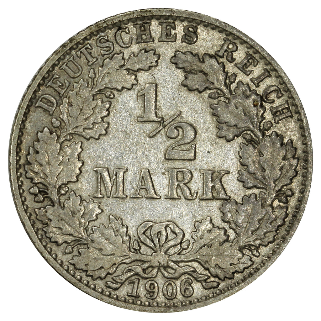 German Empire 1906D 1/2 Mark VF-EF (VF30)