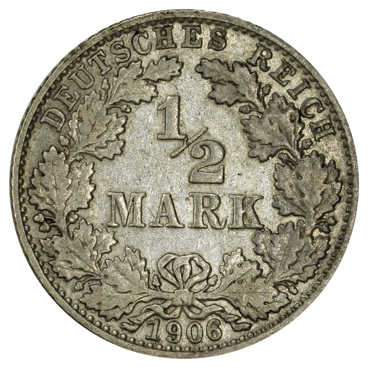 German Empire 1906D 1/2 Mark VF-EF (VF30)