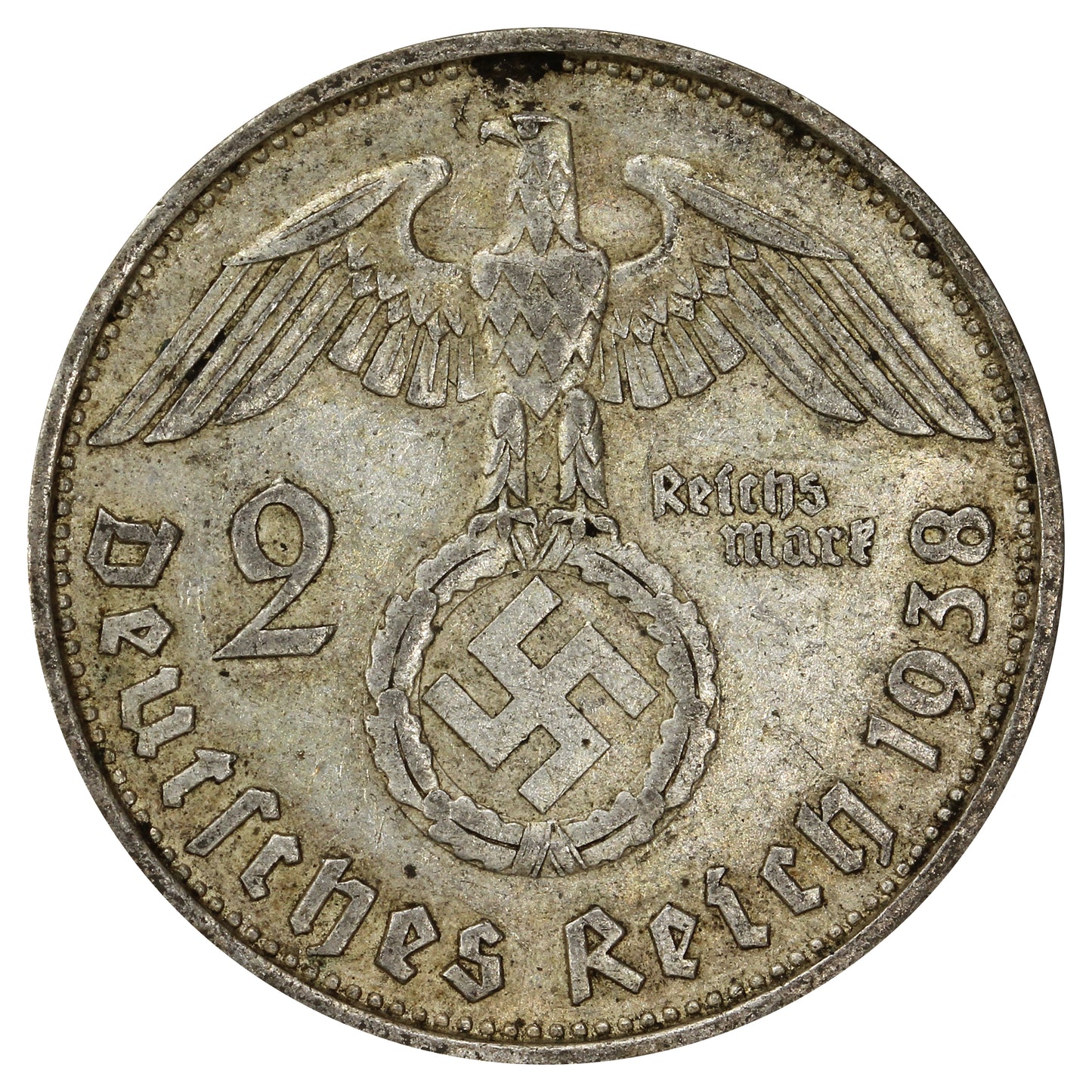 German Third Reich 1938D 2 Marks Almost Uncirculated (AU50)