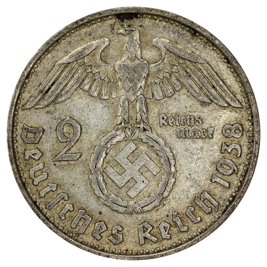 German Third Reich 1938D 2 Marks Almost Uncirculated (AU50)