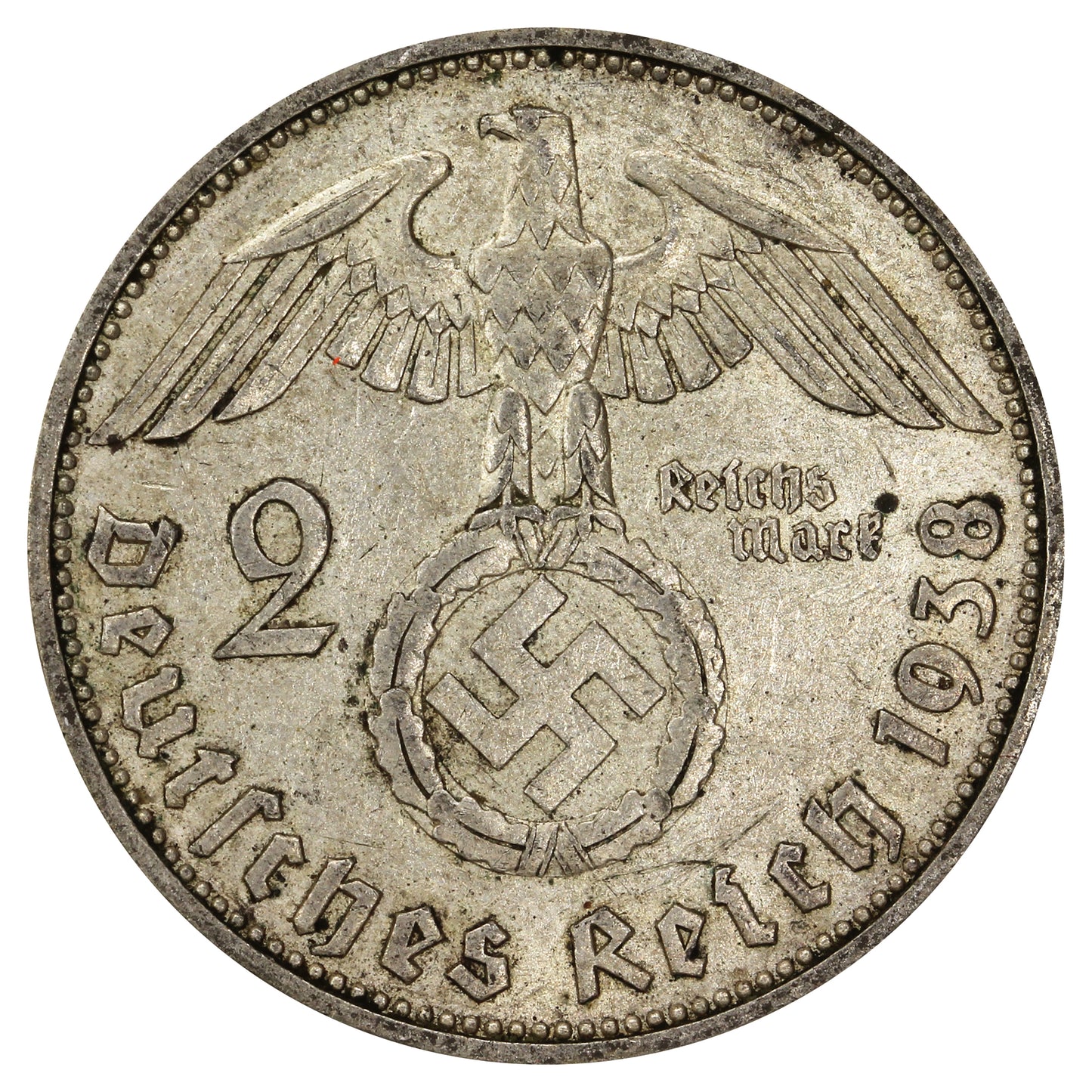 German Third Reich 1938F 2 Marks Almost Uncirculated (AU50)