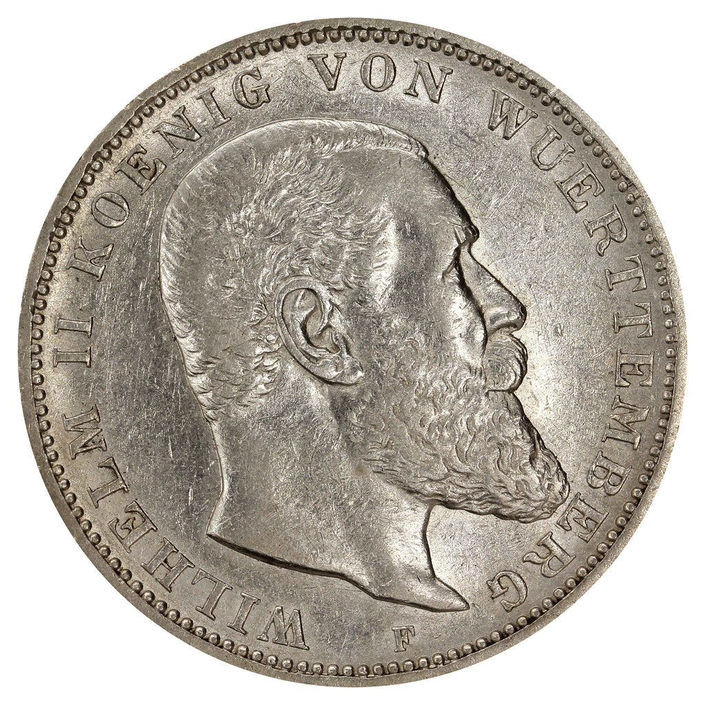 German States 1909F Wurttemburg 3 Marks EF-AU (EF45)