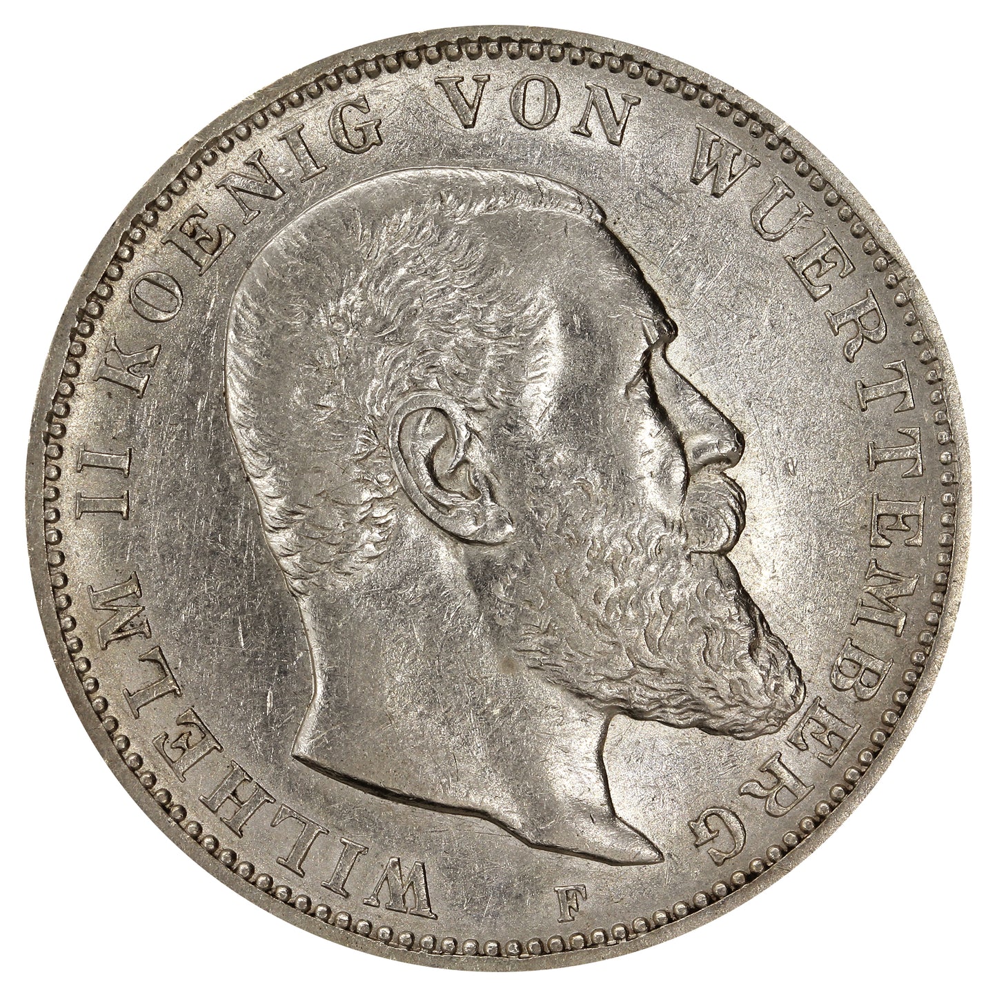 German States 1909F Wurttemburg 3 Marks EF-AU (EF45)
