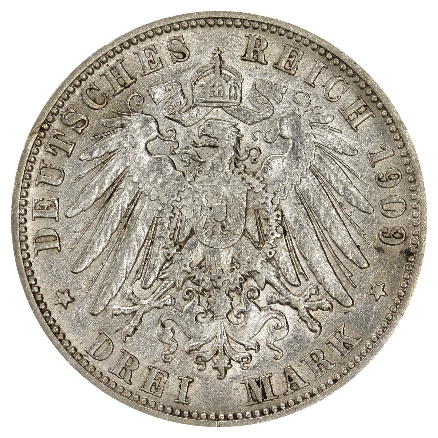 German States 1909F Wurttemburg 3 Marks EF-AU (EF45)