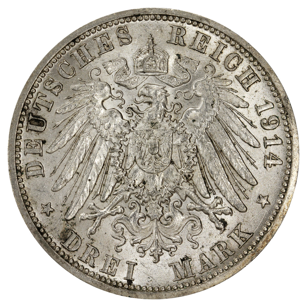 German States 1914A Prussia 3 Marks Almost Uncirculated (AU50)