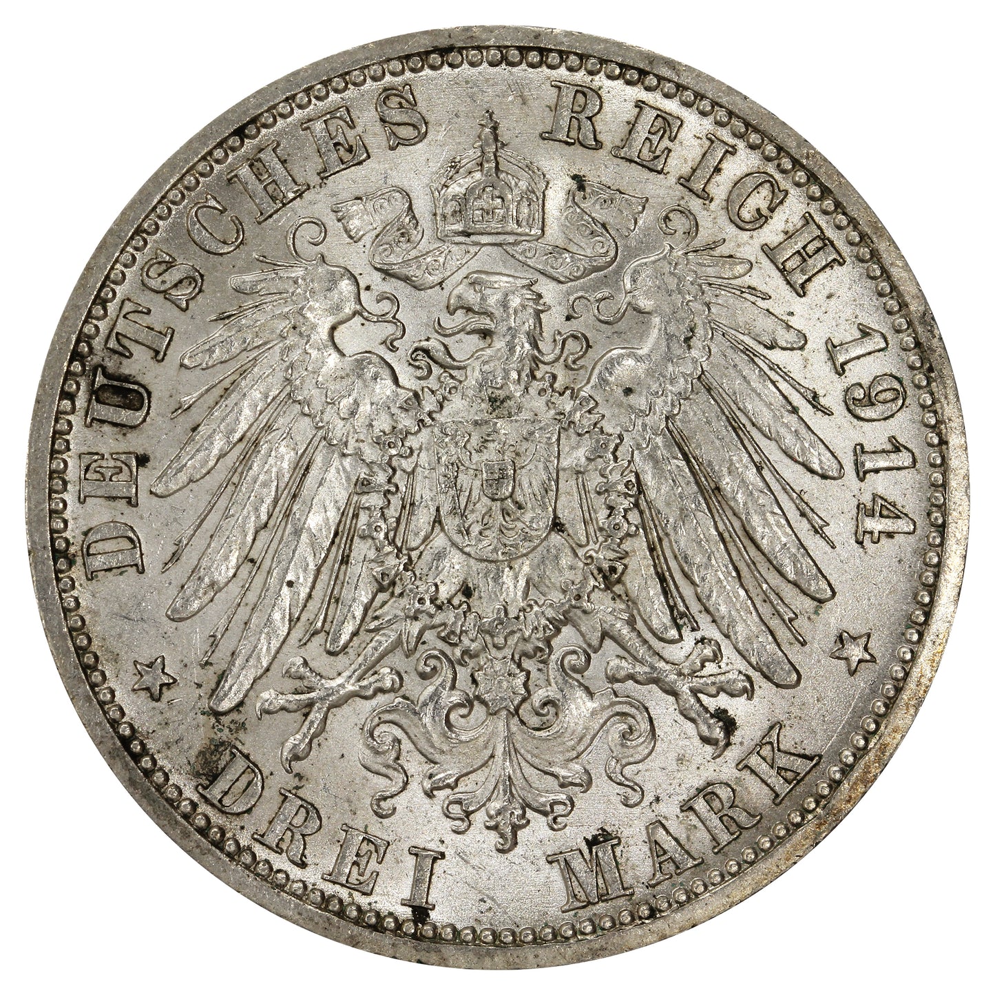 German States 1914A Prussia 3 Marks Almost Uncirculated (AU50)