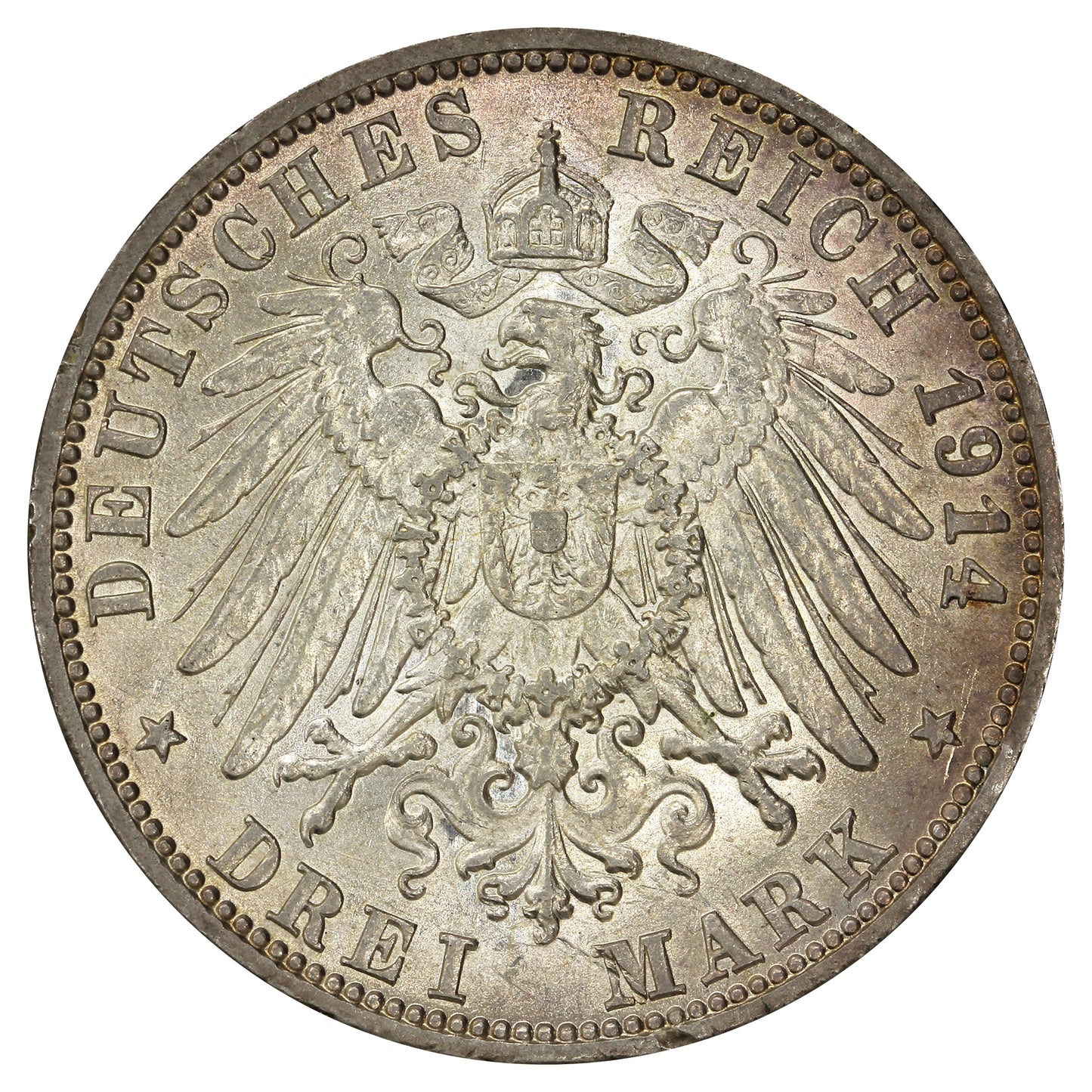 German States 1914F Wurttemburg 3 Marks Almost Uncirculated (AU50)