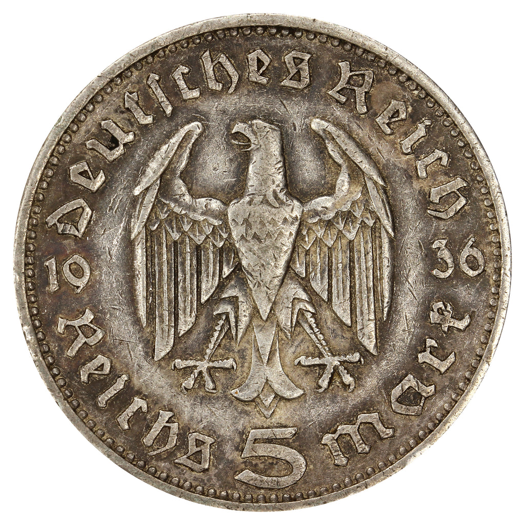 German Third Reich 1936A Hindenburg 5 Marks Very Fine (VF20)