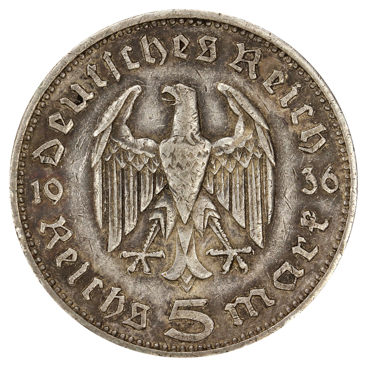 German Third Reich 1936A Hindenburg 5 Marks Very Fine (VF20)