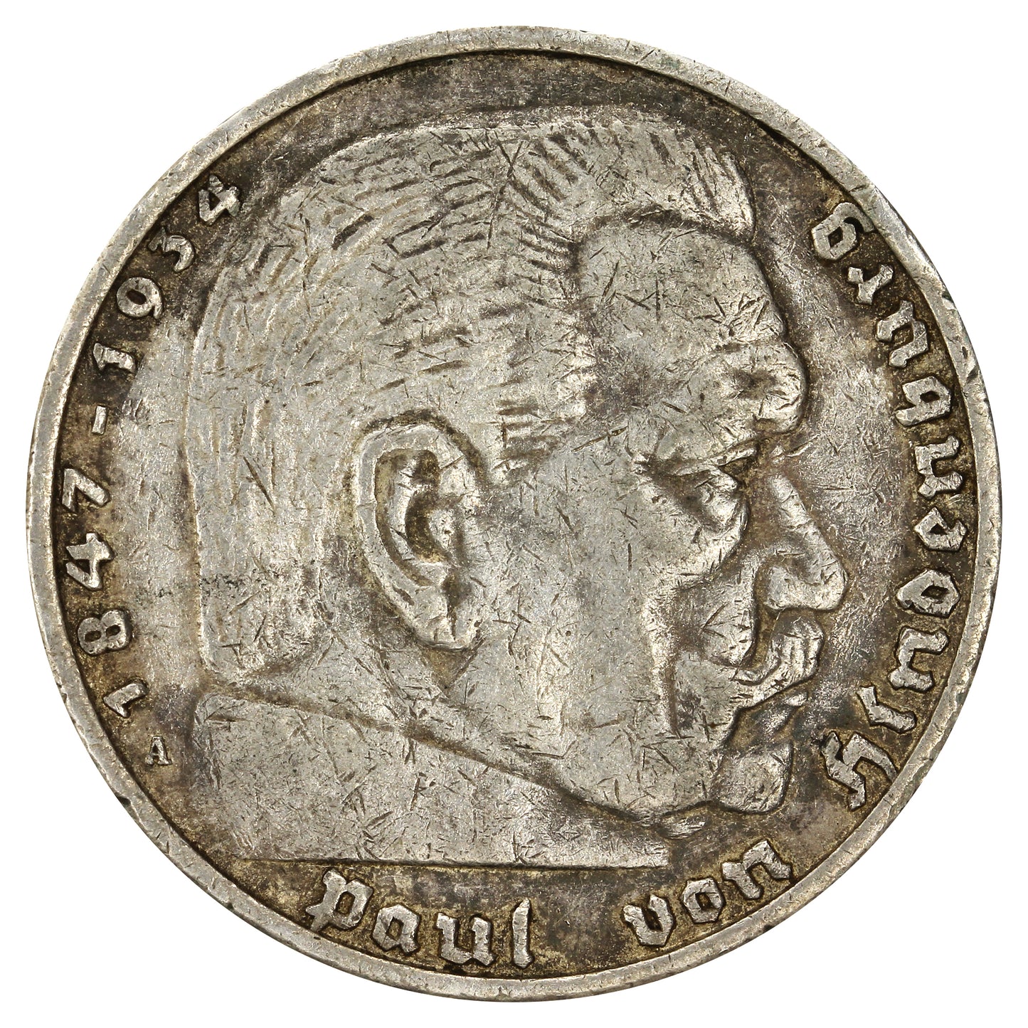 German Third Reich 1936A Hindenburg 5 Marks Very Fine (VF20)