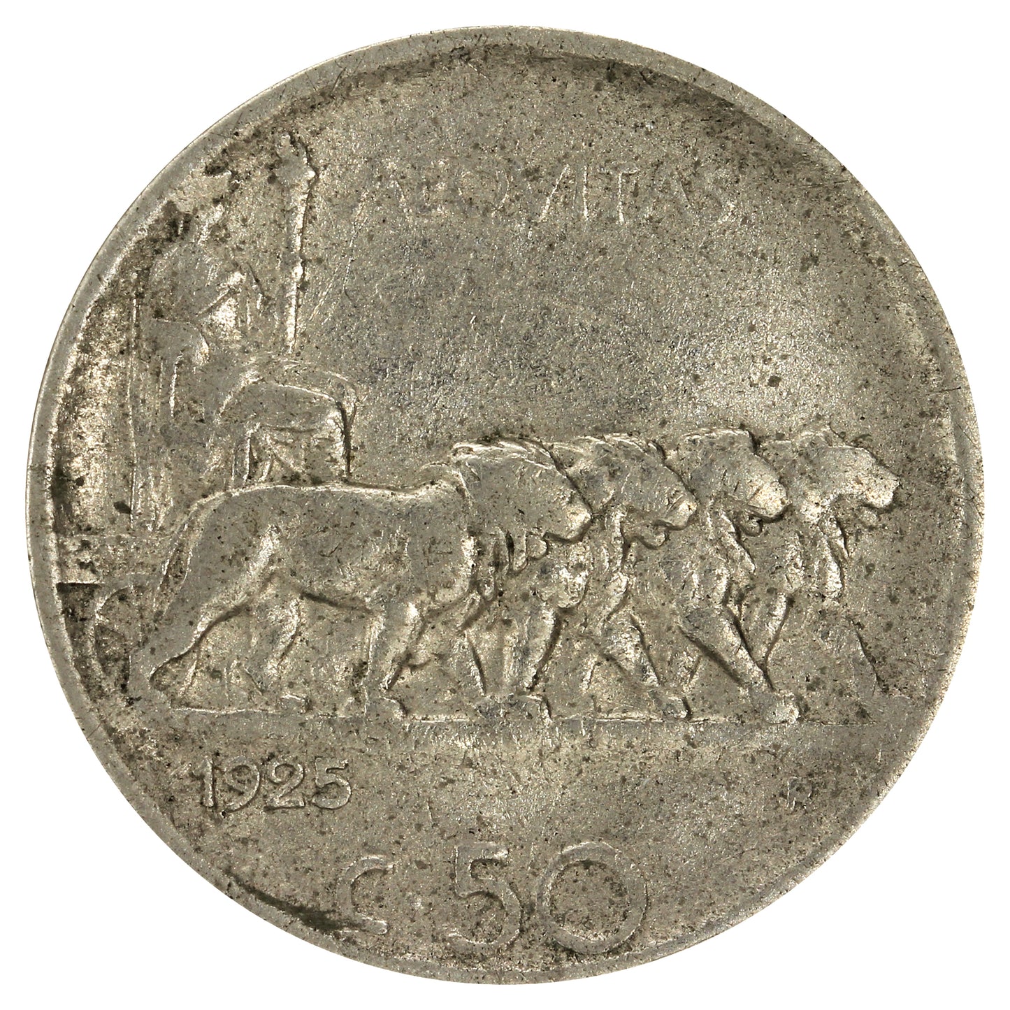 Italy 1925R Reeded 50 Centesimi Very Fine (VF20)