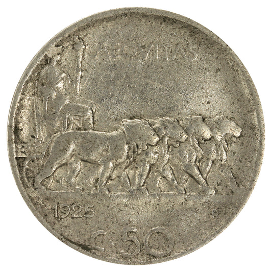 Italy 1925R Reeded 50 Centesimi Very Fine (VF20)