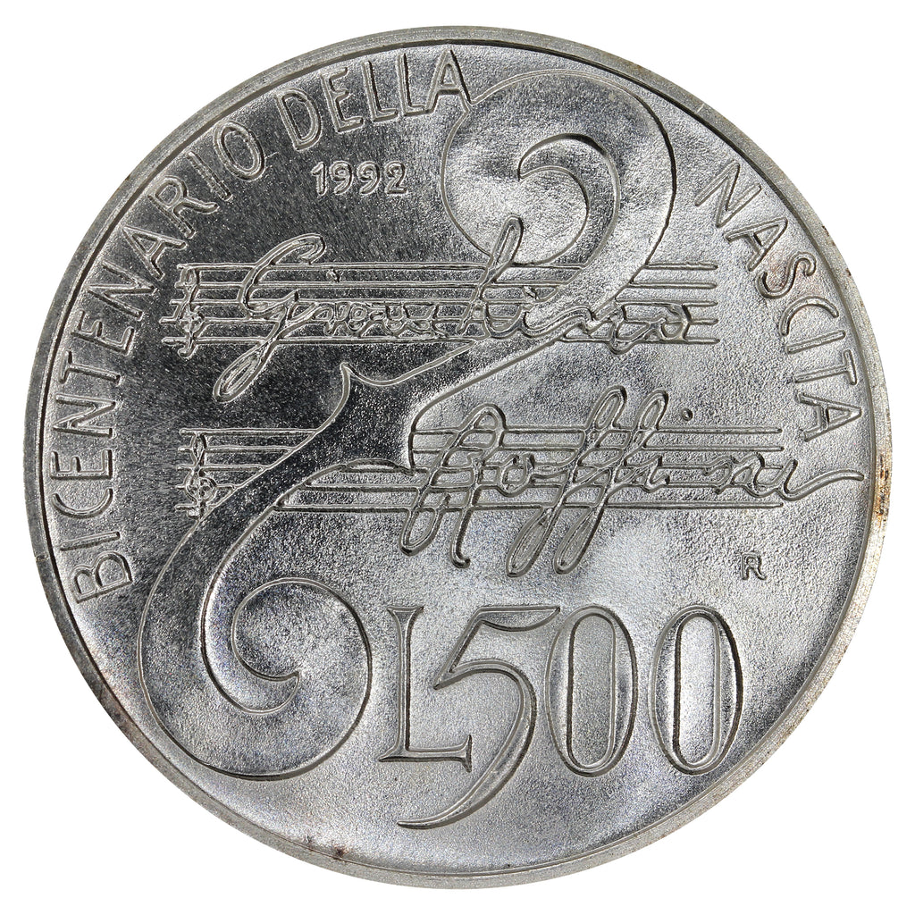 Italy 1992R Gioacchino Rossini 500 Lire Choice Brilliant Uncirculated (MS64)