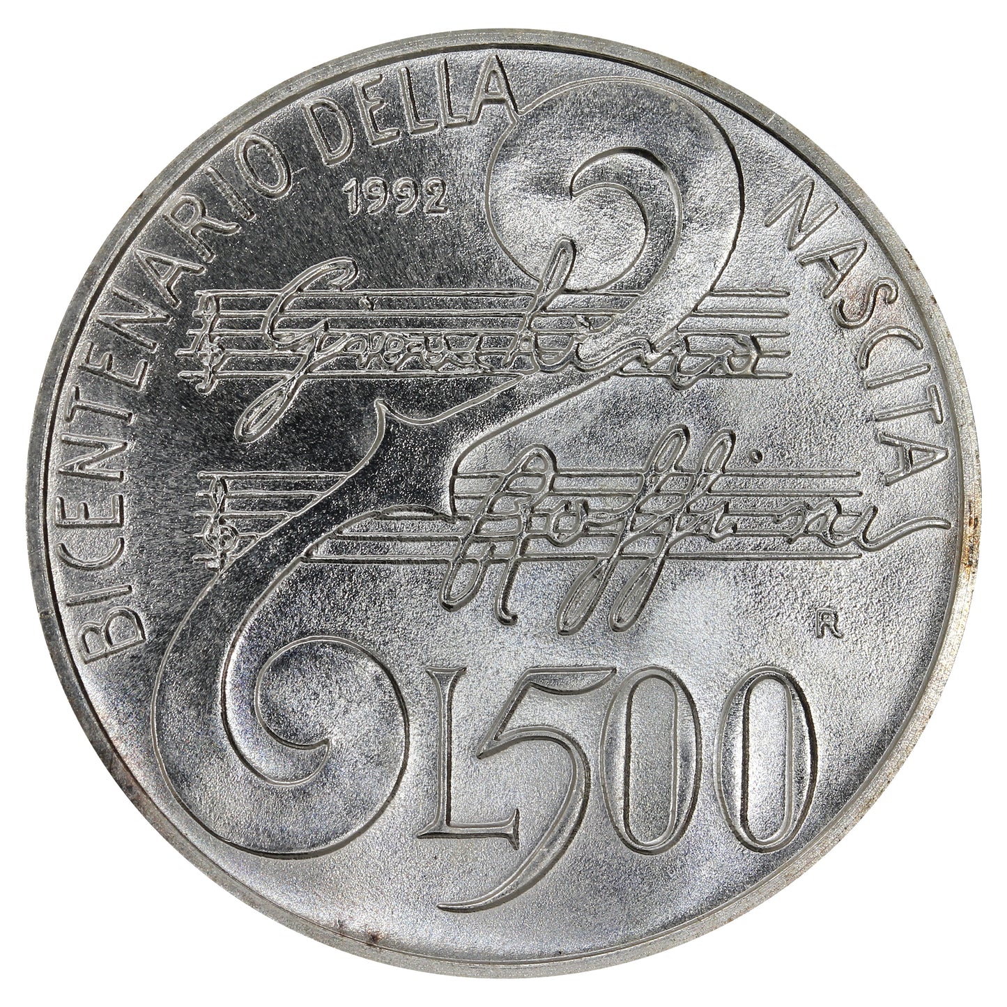Italy 1992R Gioacchino Rossini 500 Lire Choice Brilliant Uncirculated (MS64)