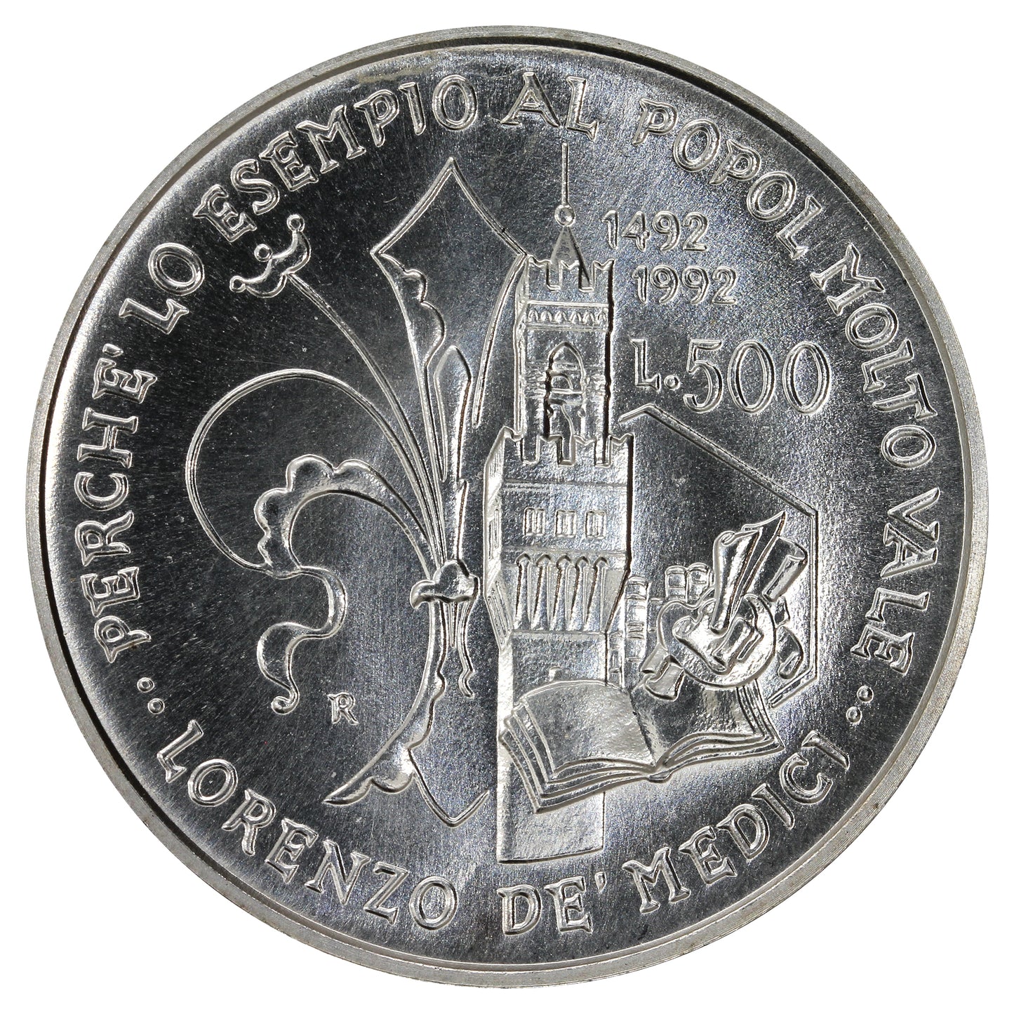 Italy 1992R Lorenzo de Medici 500 Lire Choice Brilliant Uncirculated (MS64)
