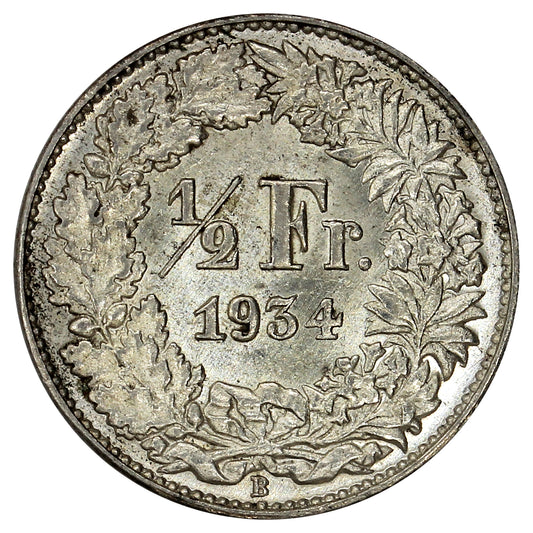 Switzerland 1934B 1/2 Franc Uncirculated (MS60)