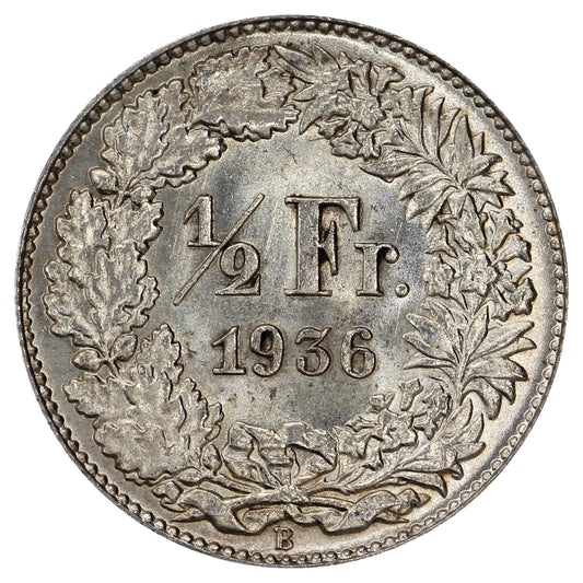 Switzerland 1936B 1/2 Franc Brilliant Uncirculated (MS63) $
