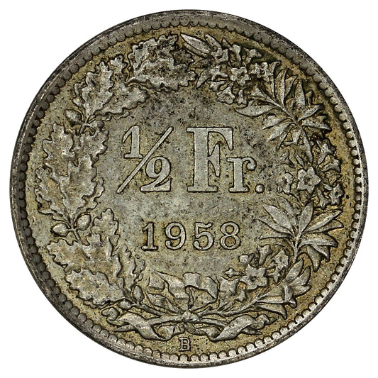 Switzerland 1958B 1/2 Franc Almost Uncirculated (AU50)