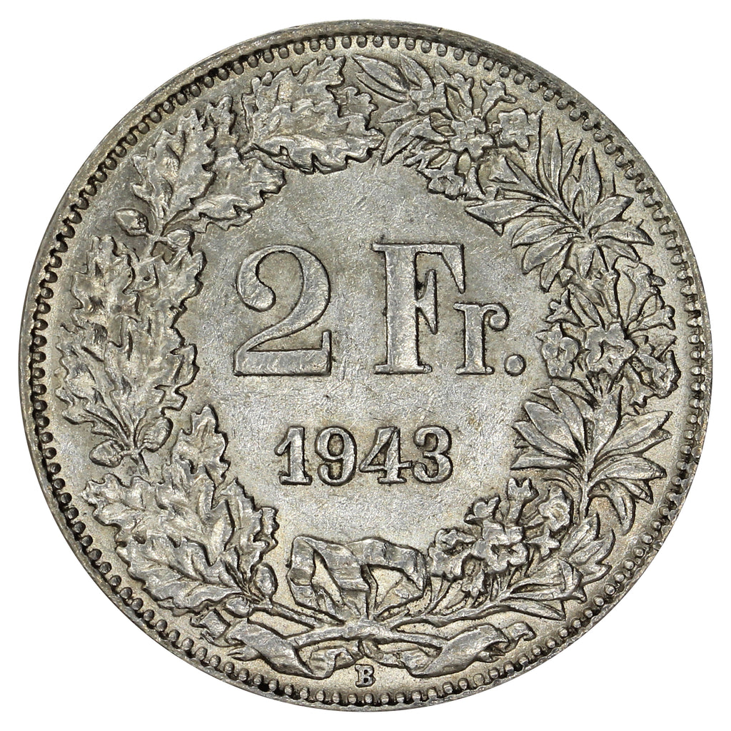 Switzerland 1943B 2 Francs Almost Uncirculated (AU50)