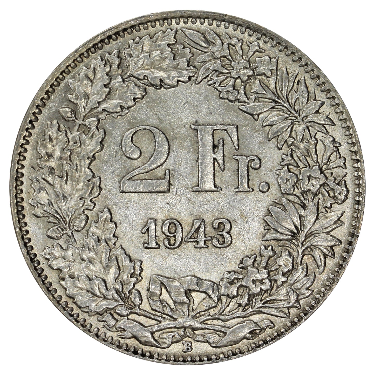 Switzerland 1943B 2 Francs Almost Uncirculated (AU50)