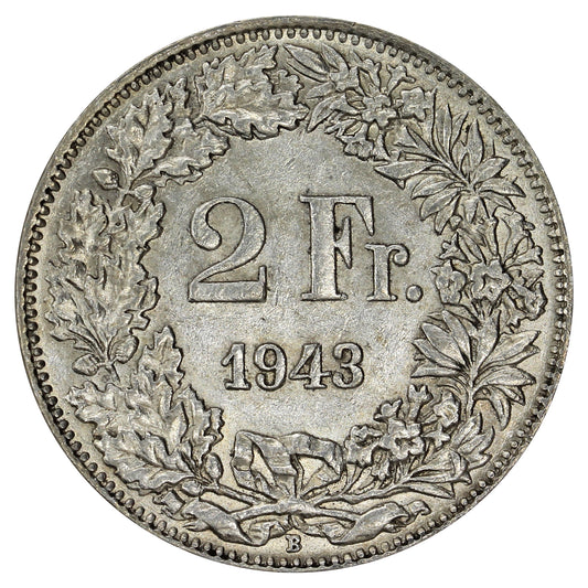 Switzerland 1943B 2 Francs Almost Uncirculated (AU50)