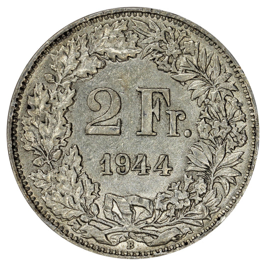 Switzerland 1944B 2 Francs Almost Uncirculated (AU50)