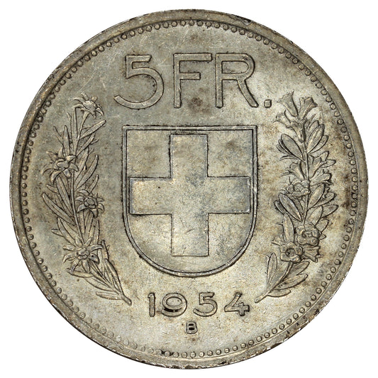 Switzerland 1954B 5 Francs Almost Uncirculated (AU50)