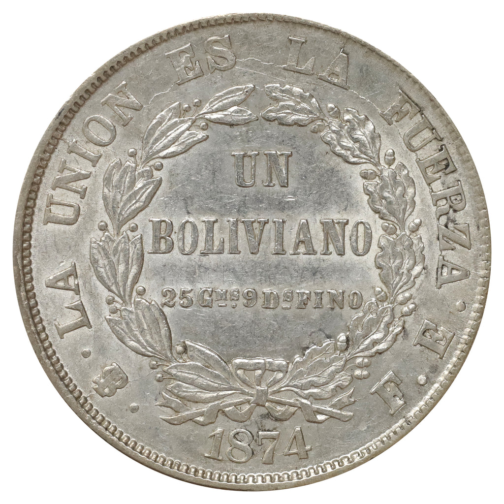 Bolivia 1874 Un Boliviano Almost Uncirculated (AU50)
