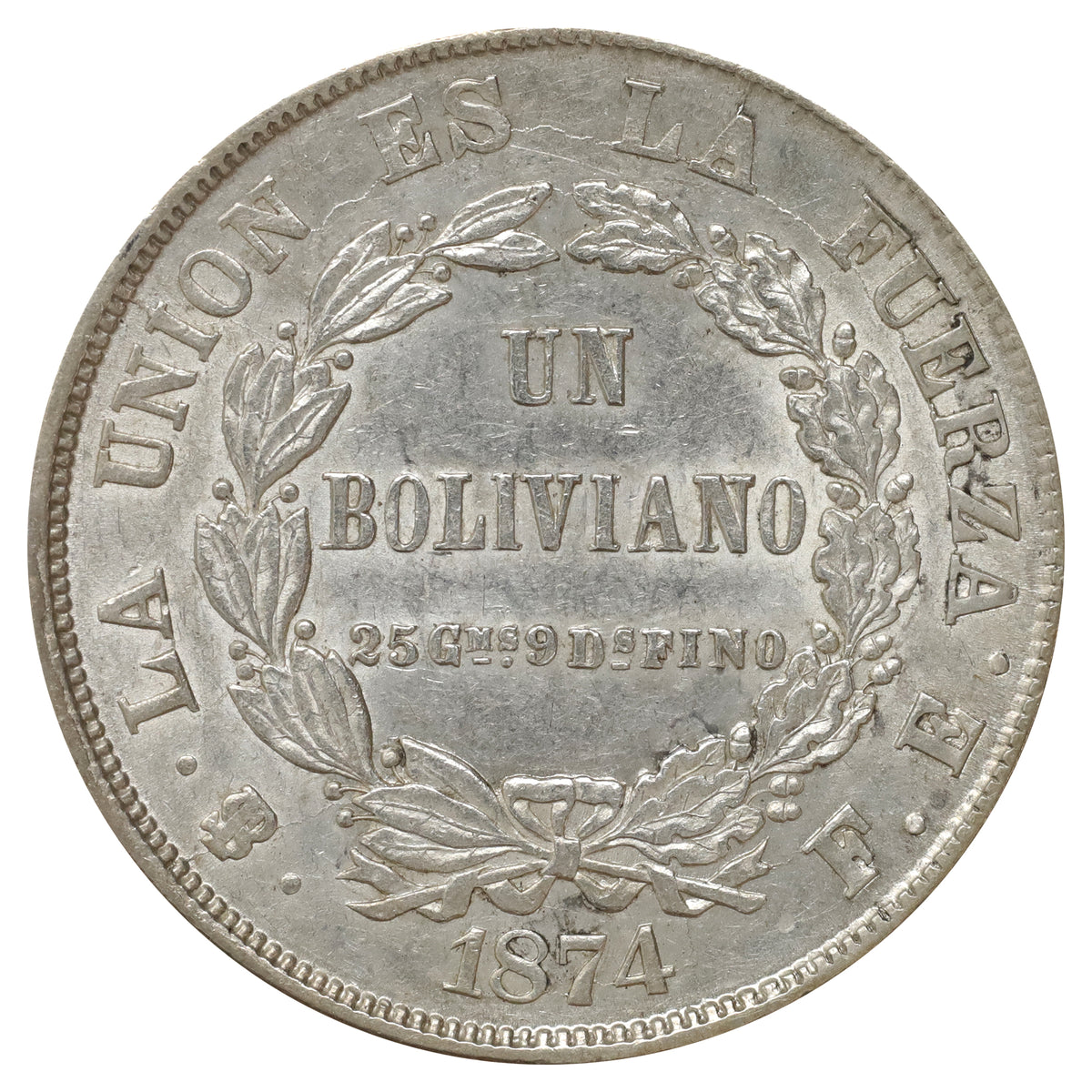 Bolivia 1874 Un Boliviano Almost Uncirculated (AU50)