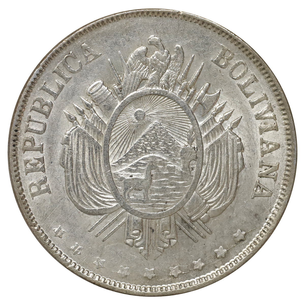 Bolivia 1874 Un Boliviano Almost Uncirculated (AU50)