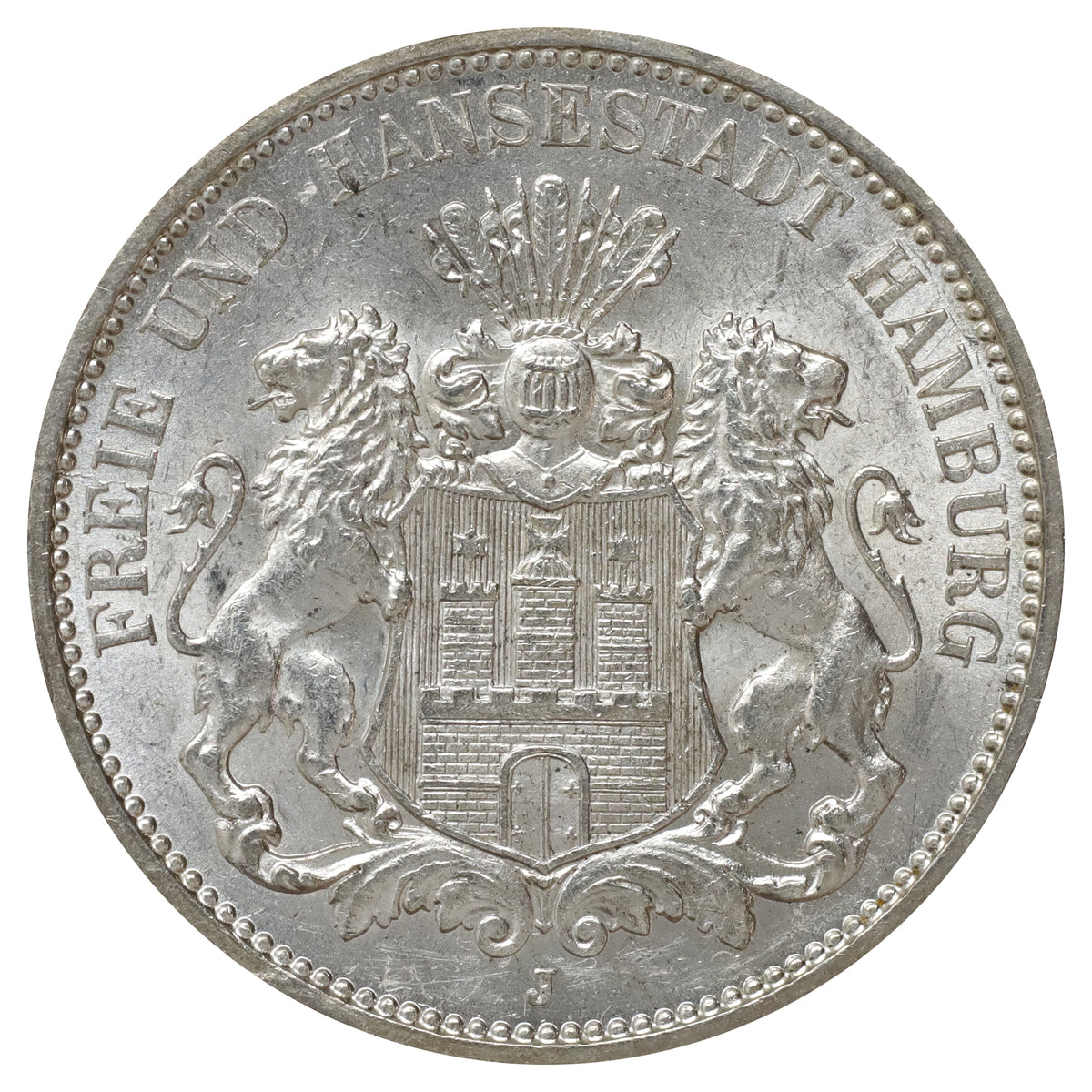German States 1912J Hamburg 3 Marks UNC+ (MS62)