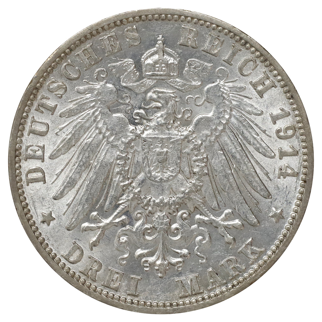 German States 1914F Wurttemburg 3 Marks AU-UNC (AU55)