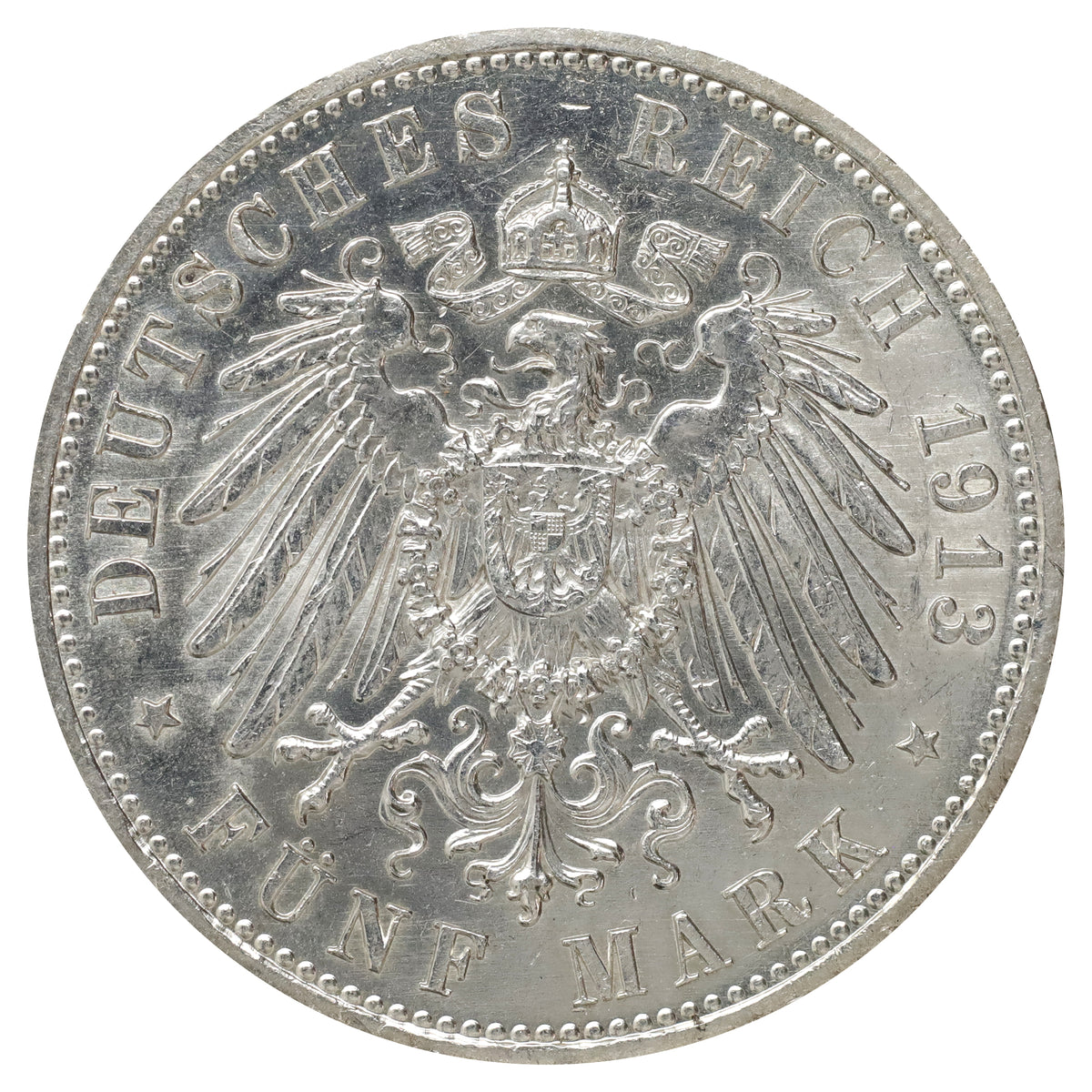 German States 1913A Prussia 5 Marks Uncirculated (MS60)