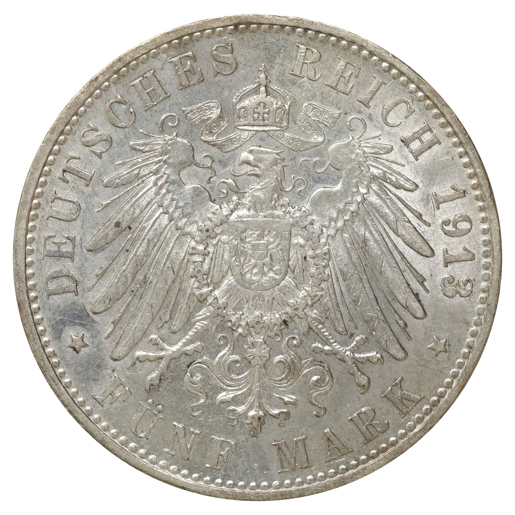 German States 1913D Bavaria 5 Marks Almost Uncirculated (AU50)