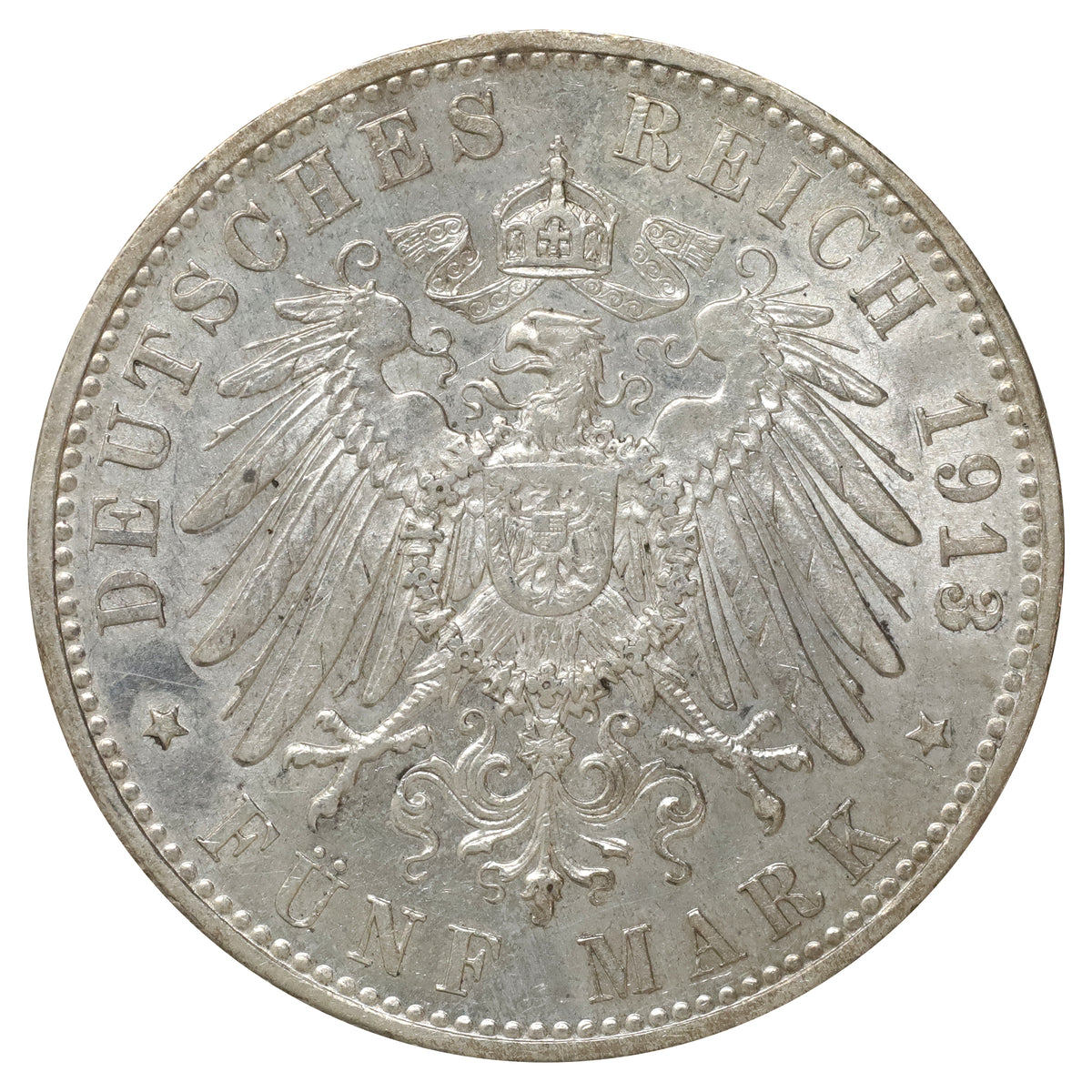 German States 1913D Bavaria 5 Marks Almost Uncirculated (AU50)