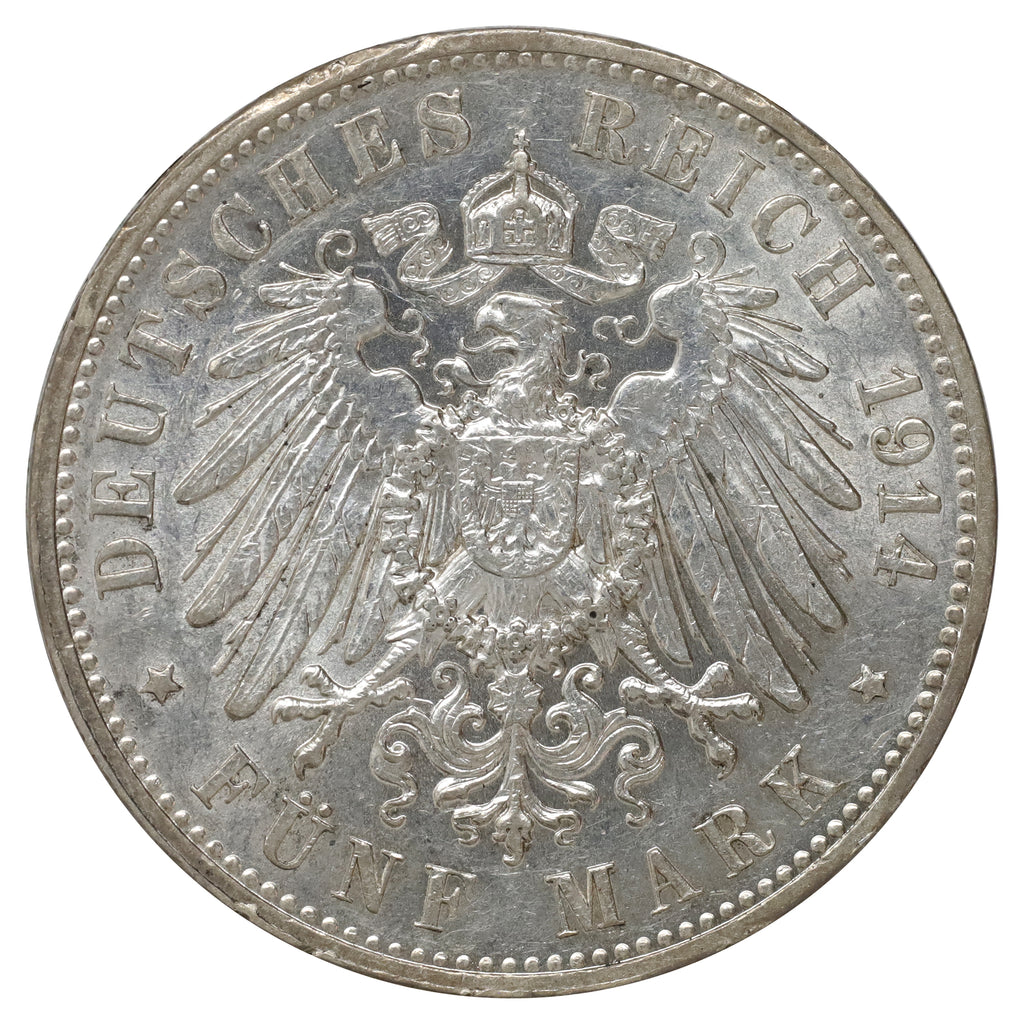 German States 1914E Saxony 5 Marks Almost Uncirculated (AU50)