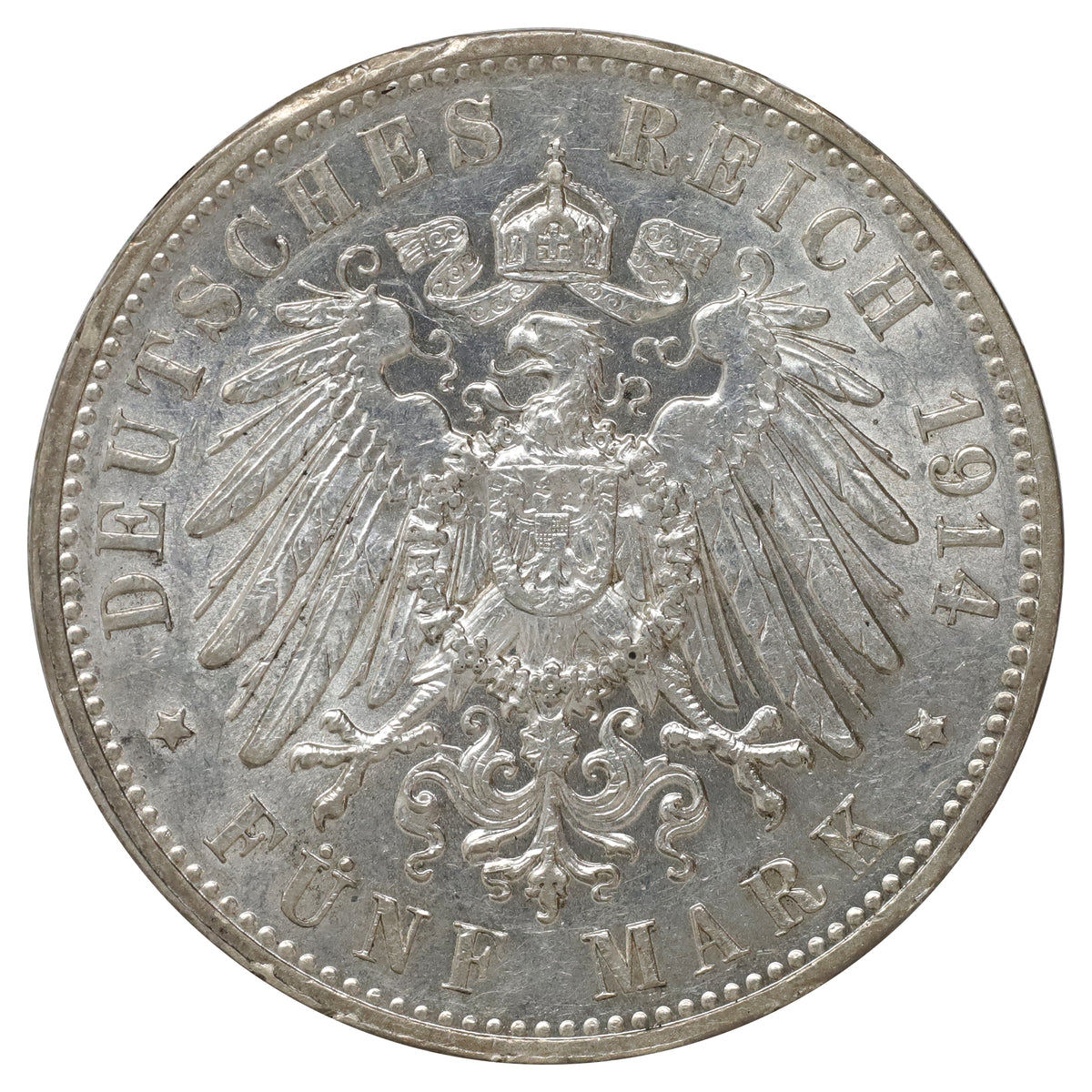 German States 1914E Saxony 5 Marks Almost Uncirculated (AU50)