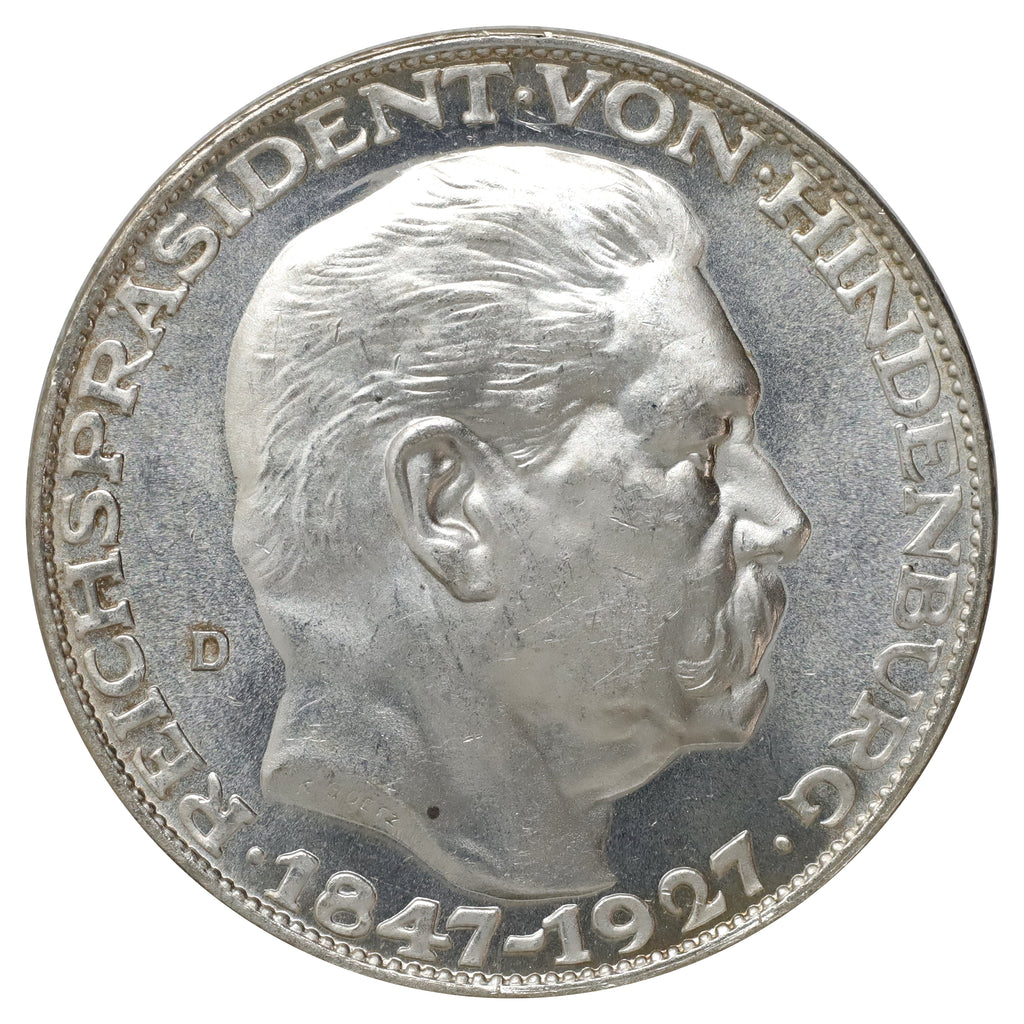 German Weimar Republic 1927D Medal Hindenburg 5 Marks Choice Brilliant Uncirculated (MS64)