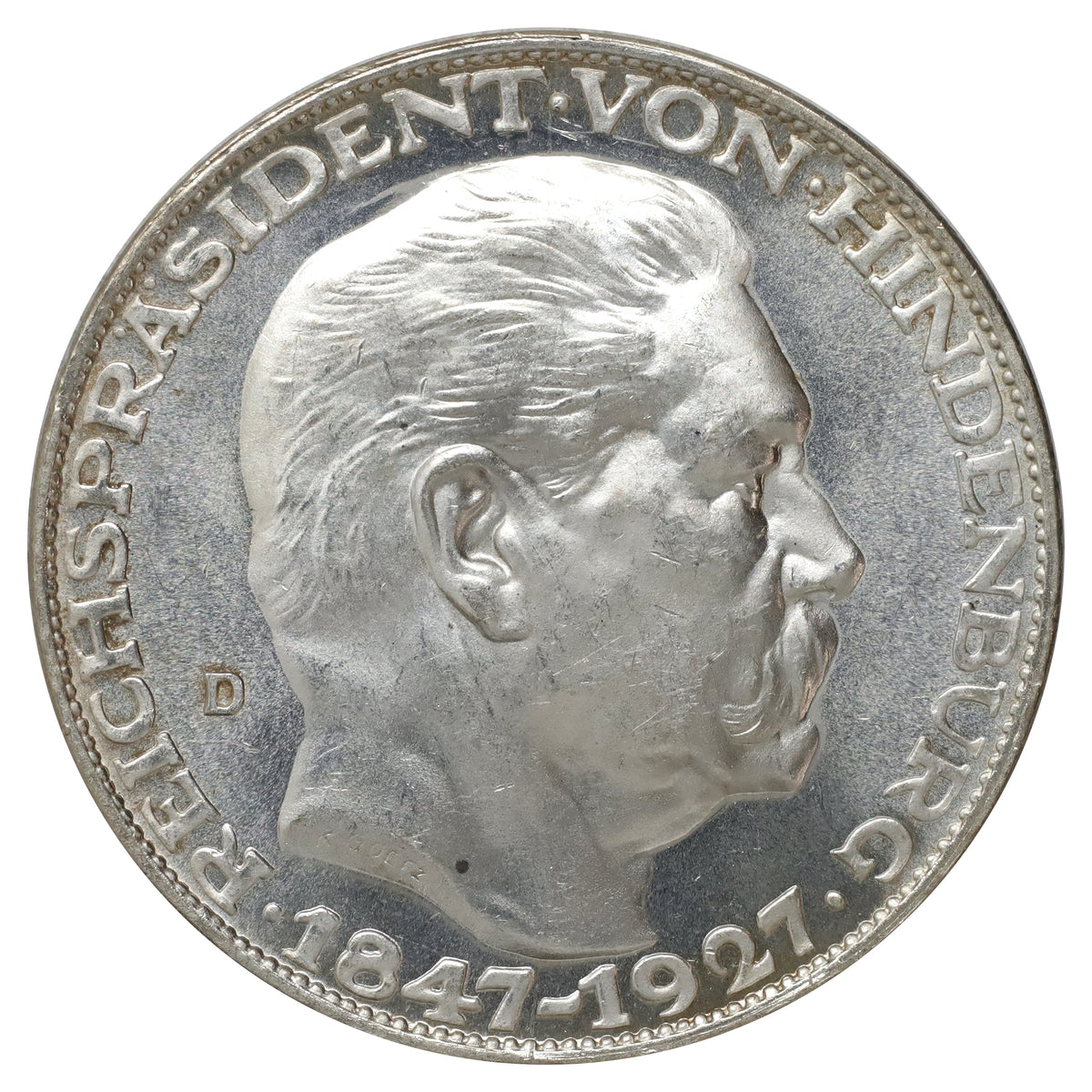 German Weimar Republic 1927D Medal Hindenburg 5 Marks Choice Brilliant Uncirculated (MS64)