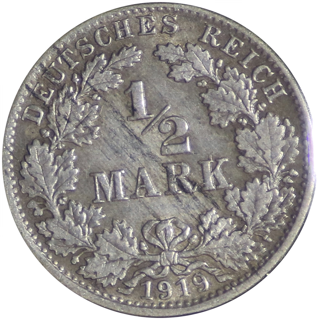 German Weimar Republic 1919J 1/2 Mark Extra Fine (EF40)