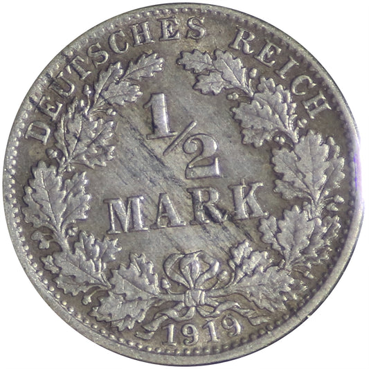 German Weimar Republic 1919J 1/2 Mark Extra Fine (EF40)