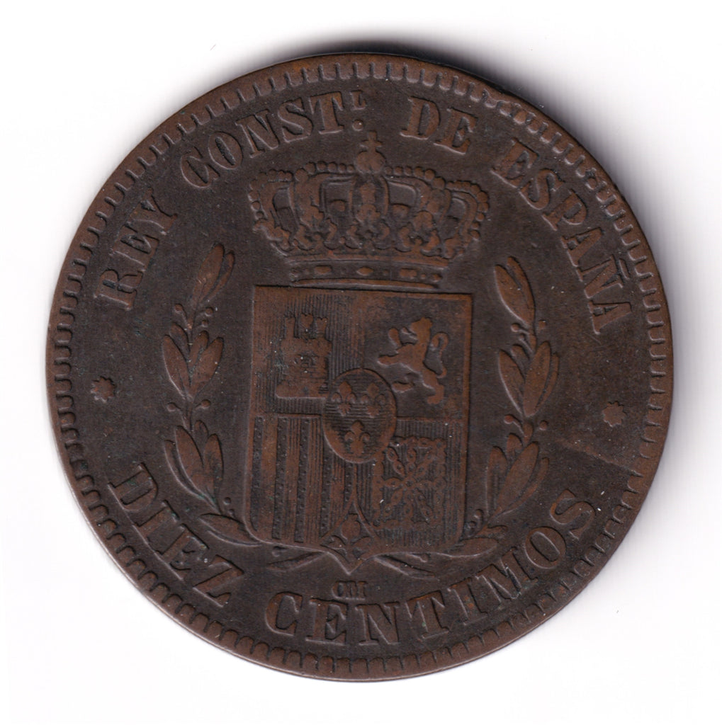Spain 1878 OM 10 Centimos Extra Fine (EF40) $