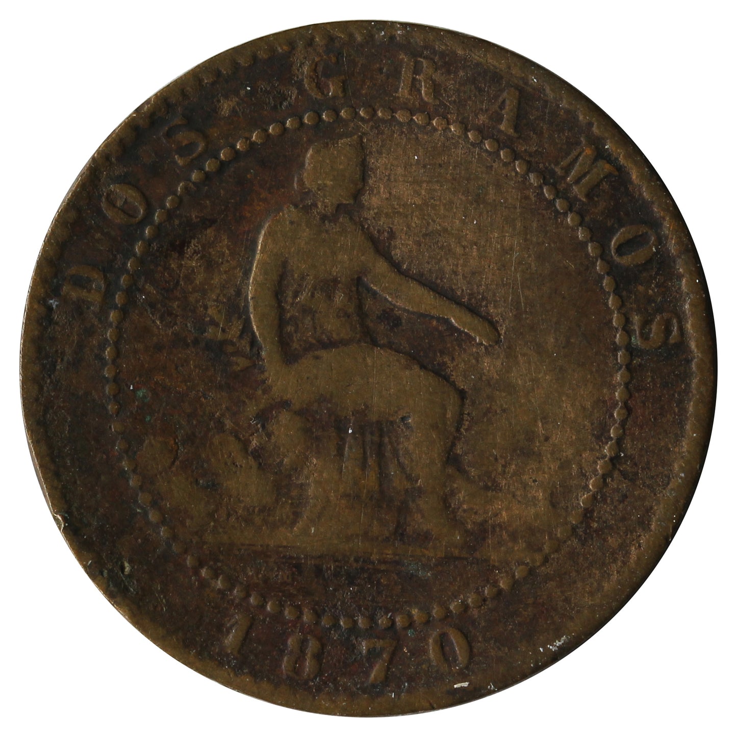 Spain 1870OM 2 Centimos Extra Fine (EF40)