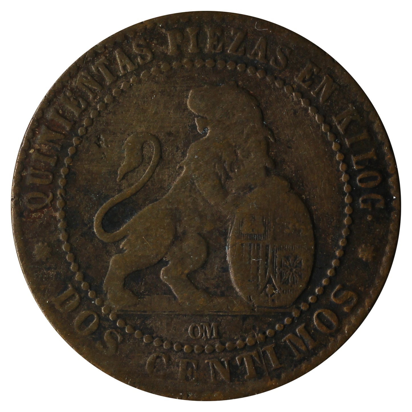 Spain 1870OM 2 Centimos Extra Fine (EF40)