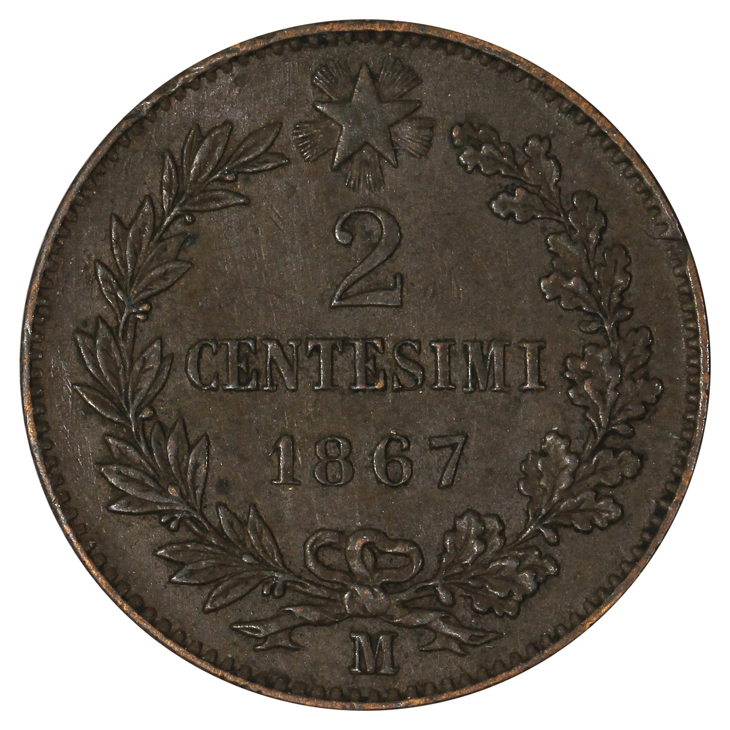 Italy 1867M 2 Centesimi Almost Uncirculated (AU50)