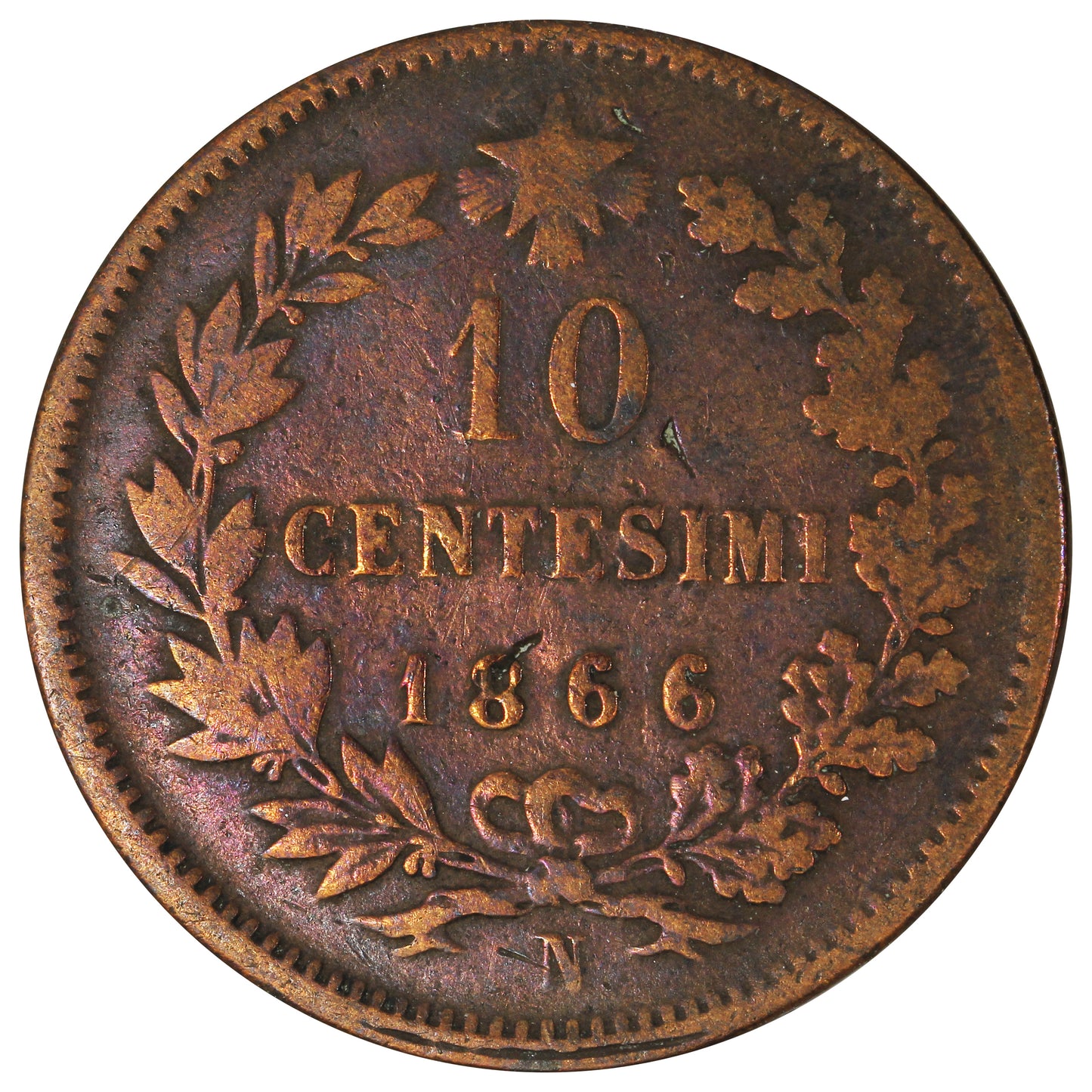Italy 1866N 10 Centesimi VF-EF (VF30)